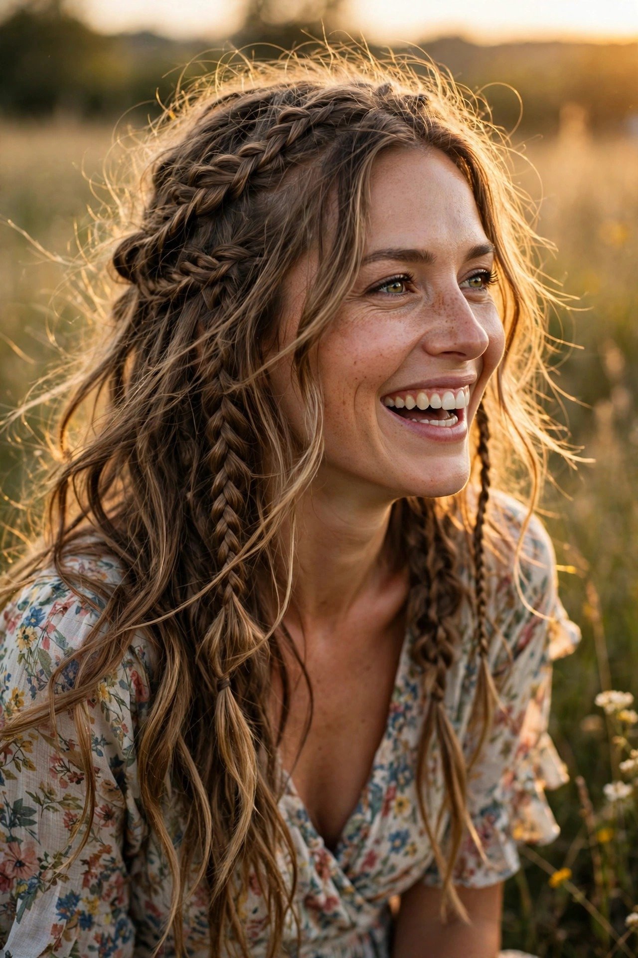 Joyful woman with loose boho braids at golden hour, free-spirited wavy braided hair, sunlit field