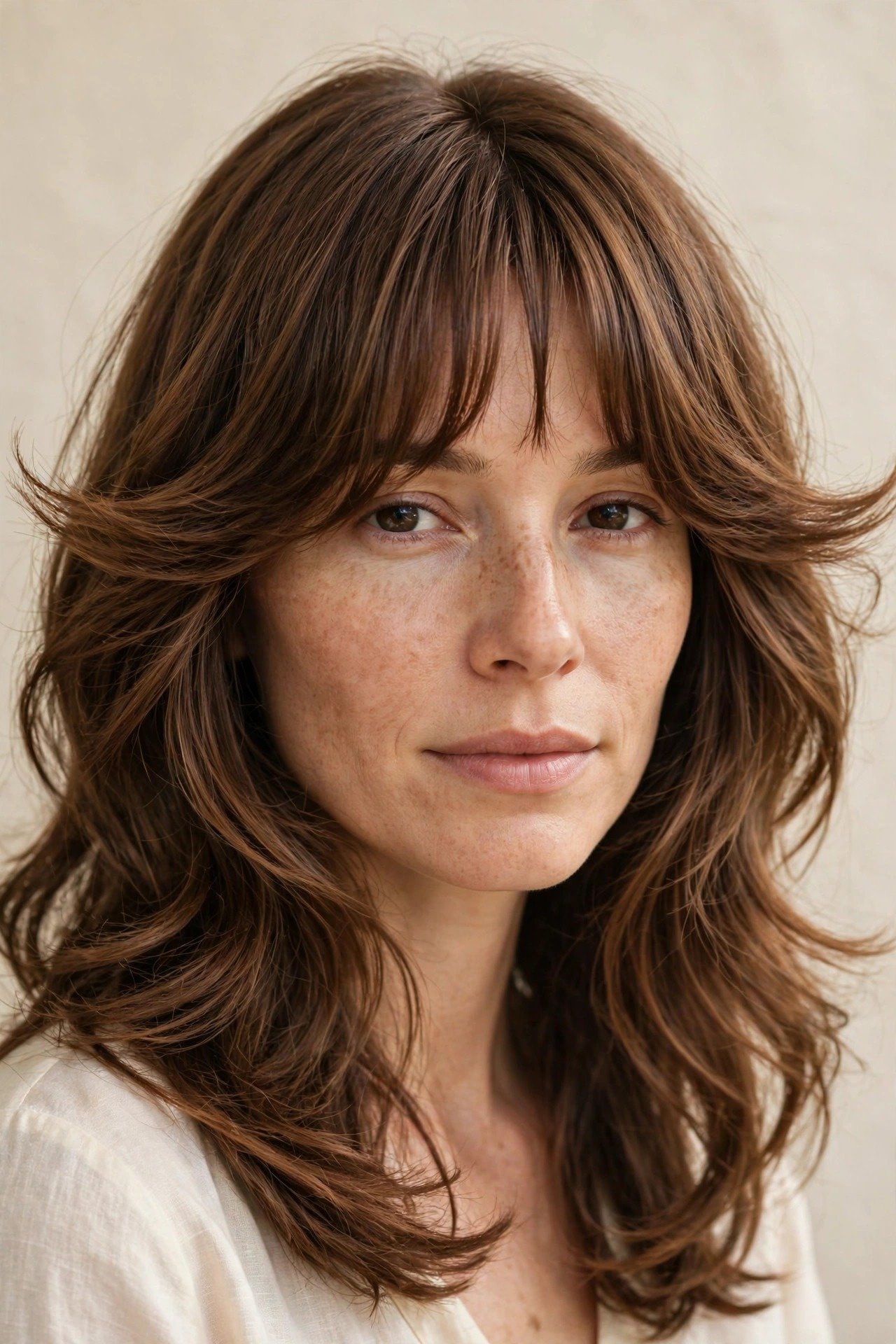 Woman with classic bottleneck bangs showing the narrow-to-wide sculpted fringe shape