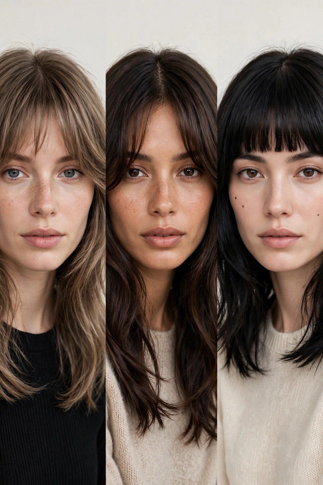Comparison of bottleneck bangs, curtain bangs, and Birkin bangs fringe styles