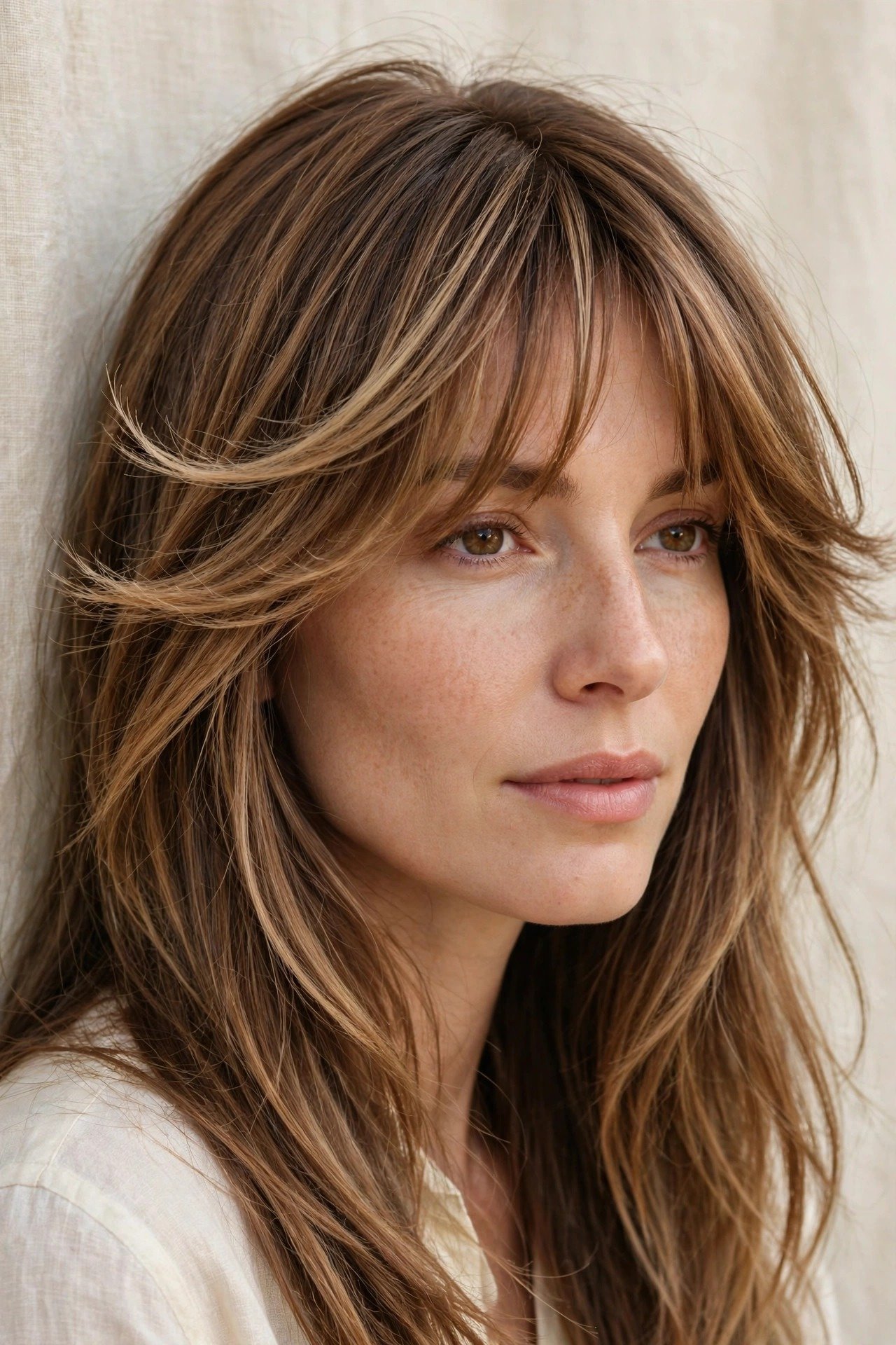 Classic, long, and wispy bottleneck bangs variations on different women