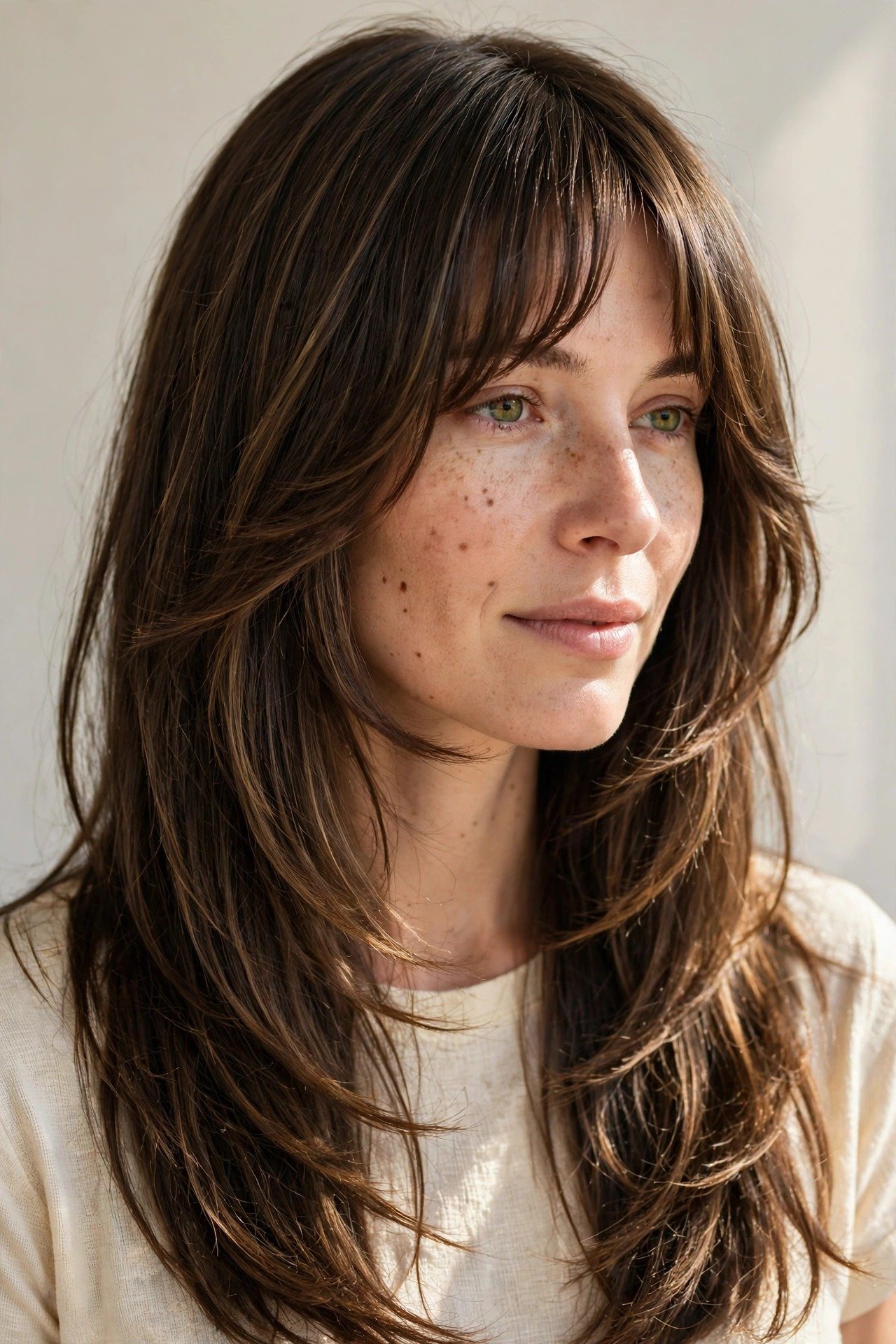 Bottleneck bangs paired with layered hair, bob cut, and elegant updo styles