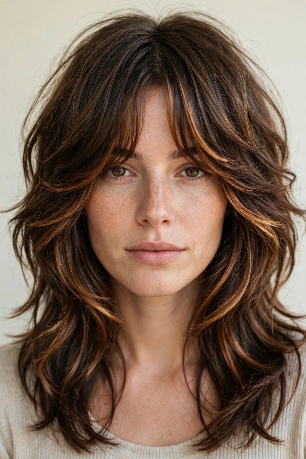 Grown-out bottleneck bangs, color-accented fringe, and 70s-inspired bottleneck style