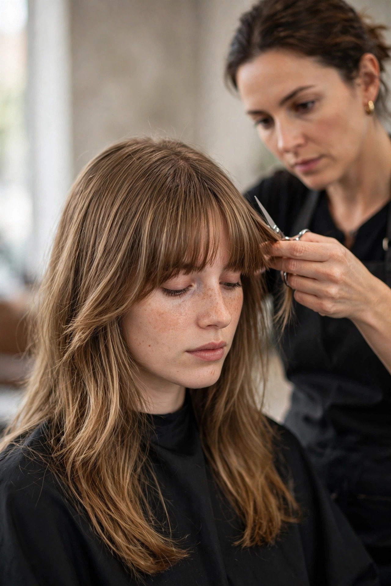 Stylist correcting common bottleneck bangs cutting mistakes in a salon