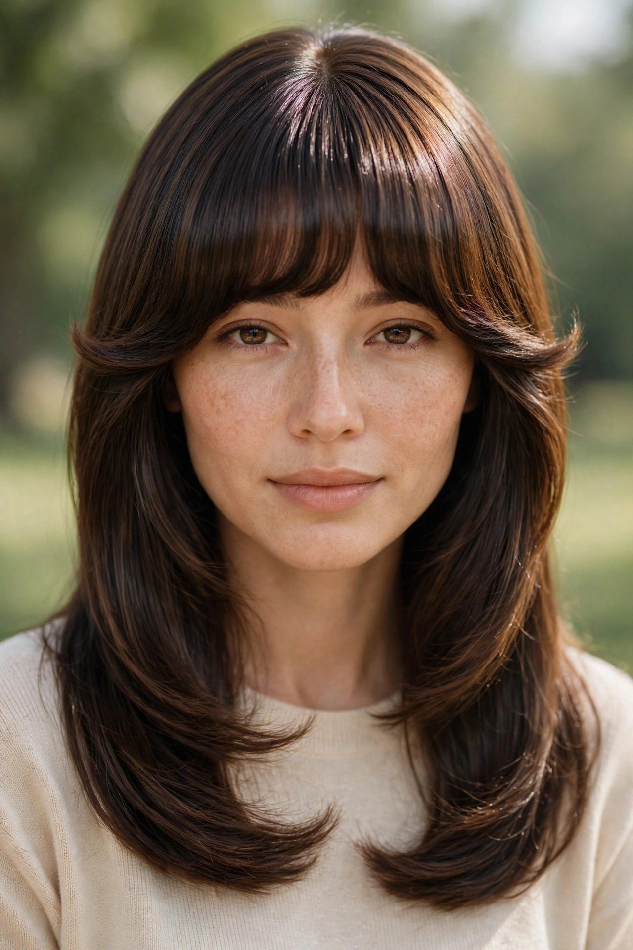 Bottleneck bangs styled for summer humidity and winter dryness across seasons