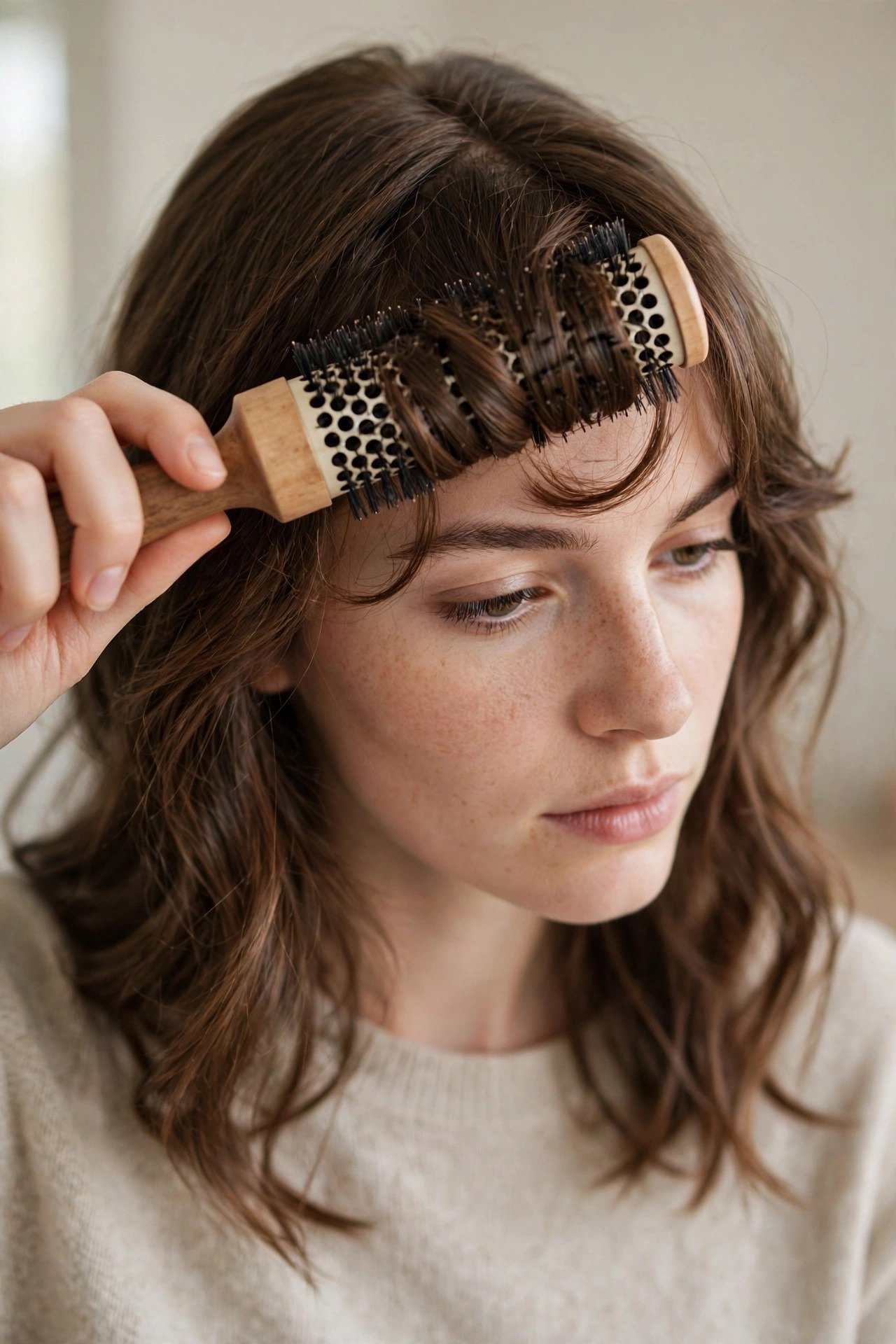Woman styling bottleneck bangs with a round brush and blow dryer at home