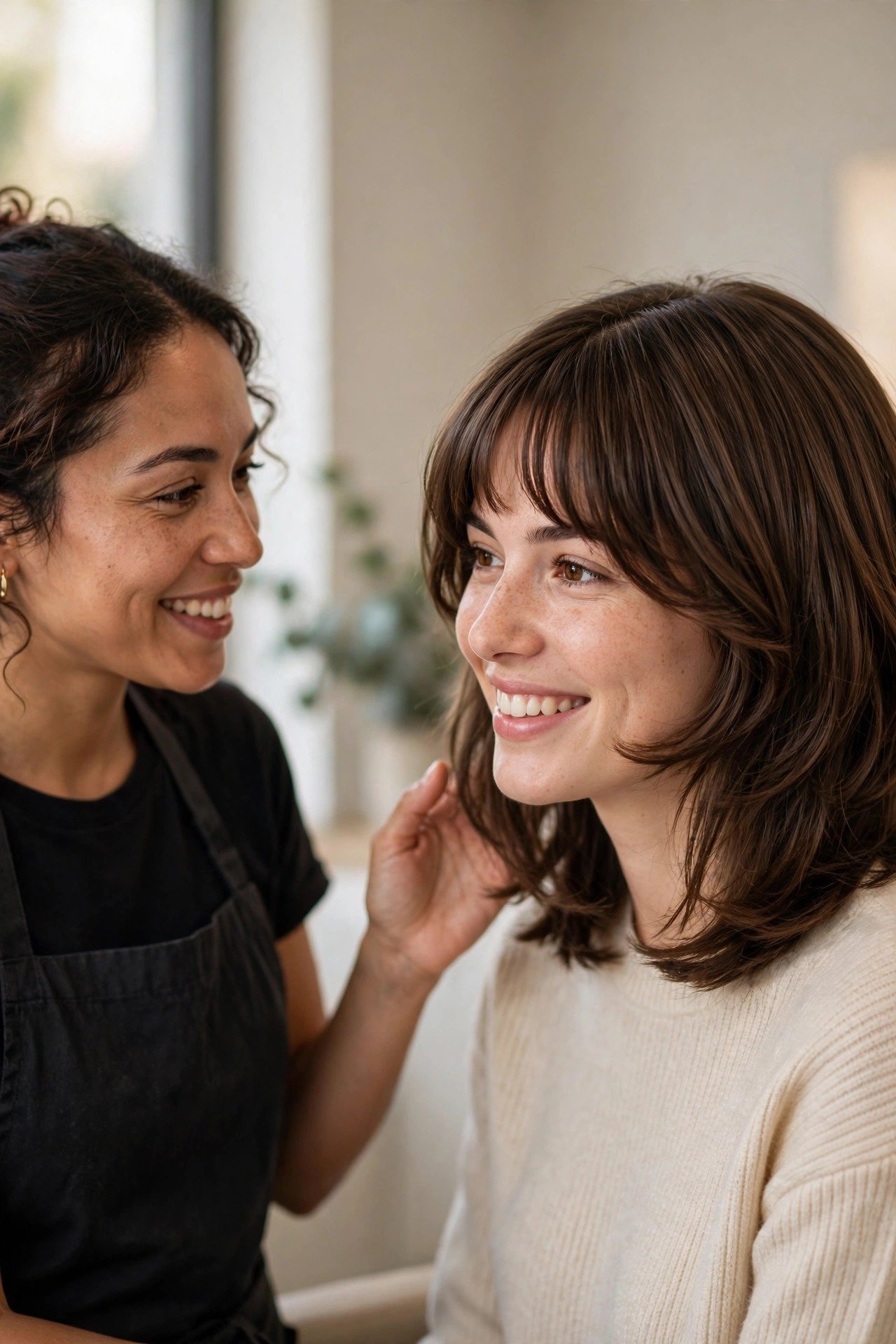 Stylist answering frequently asked questions about bottleneck bangs in salon