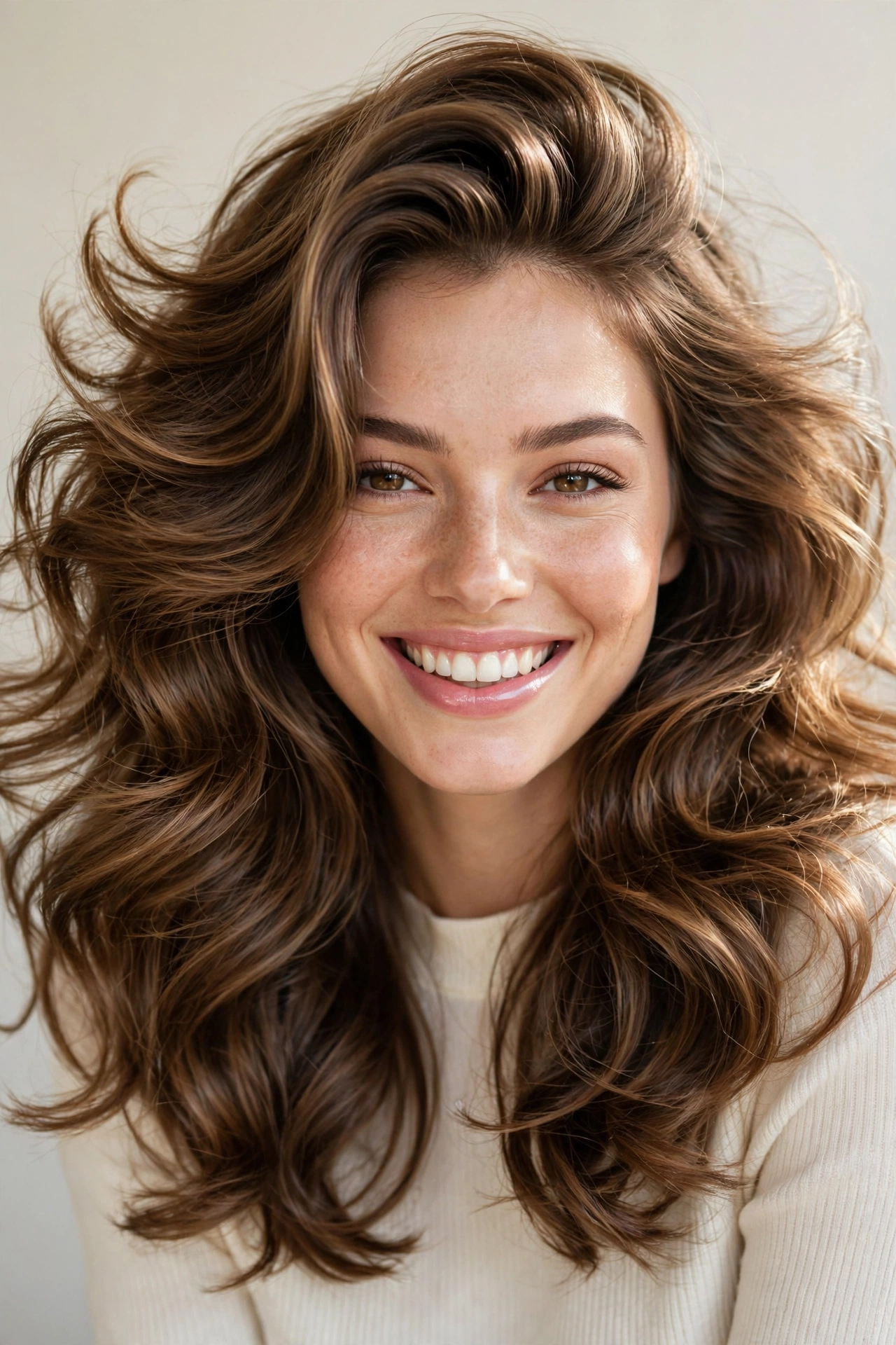 woman with bouncy blowout smiling, FAQ section illustration