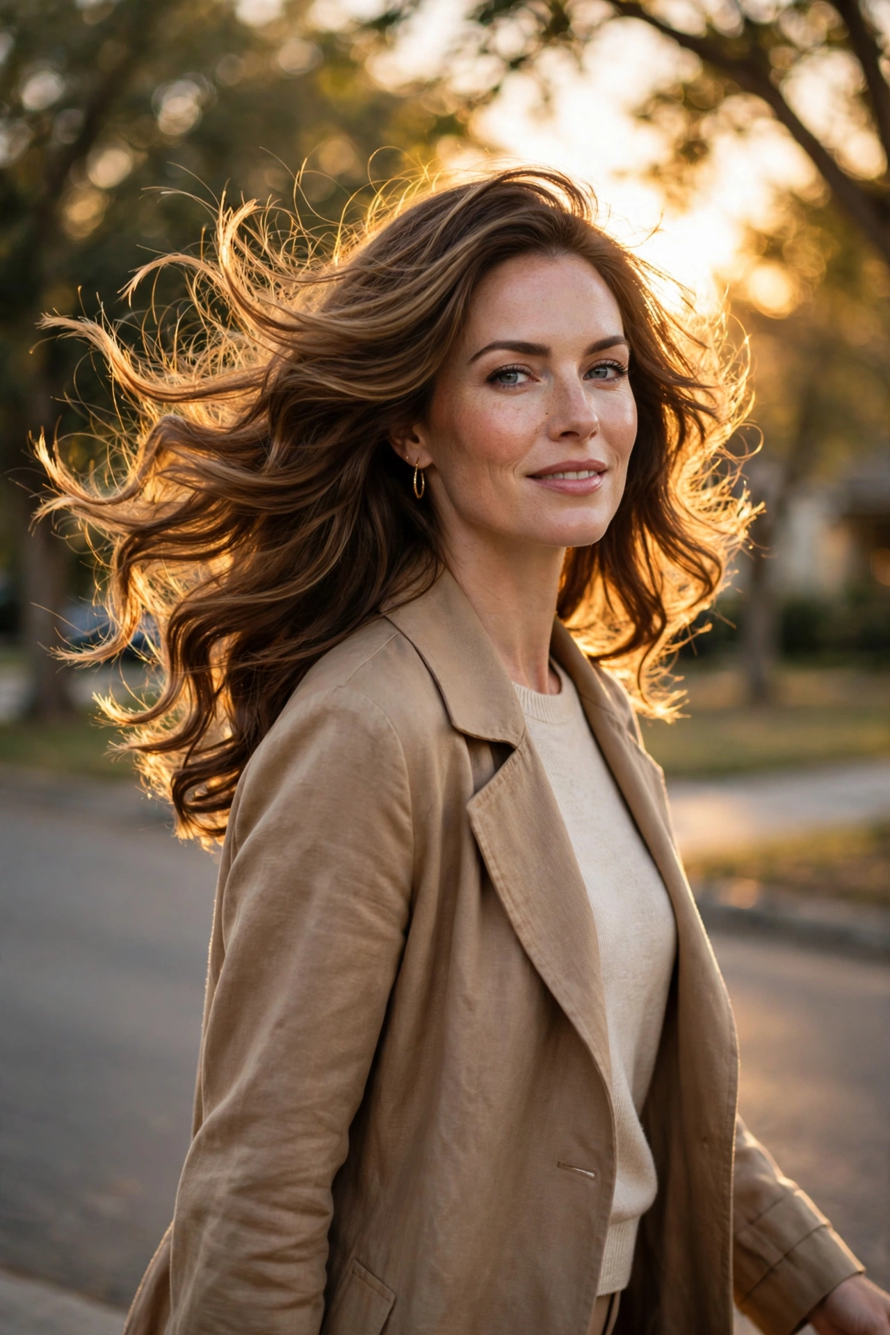 woman with a perfect bouncy blowout walking outdoors, confident finish