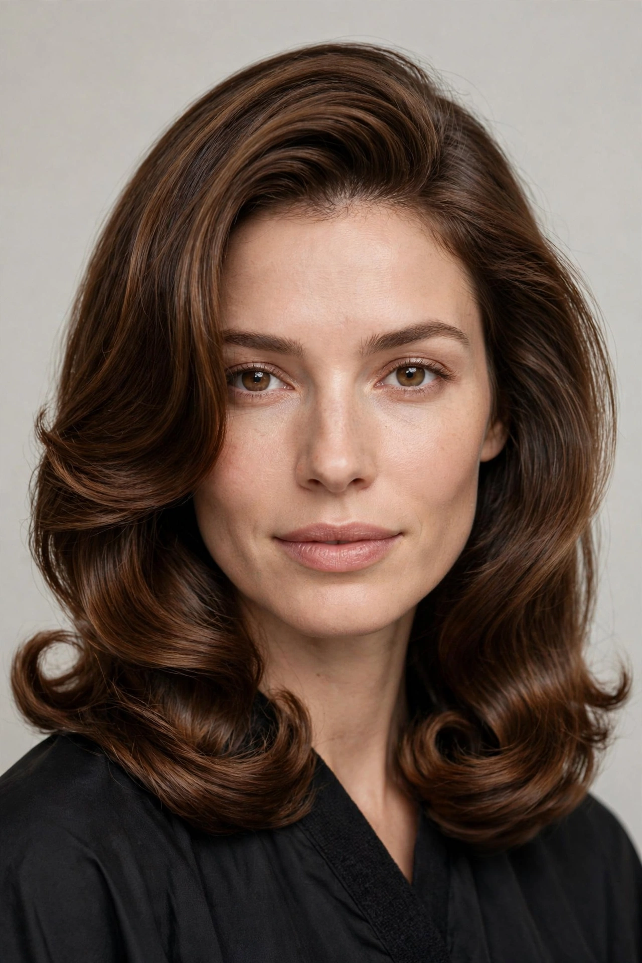 woman with the classic salon blowout, smooth voluminous layers, glossy finish