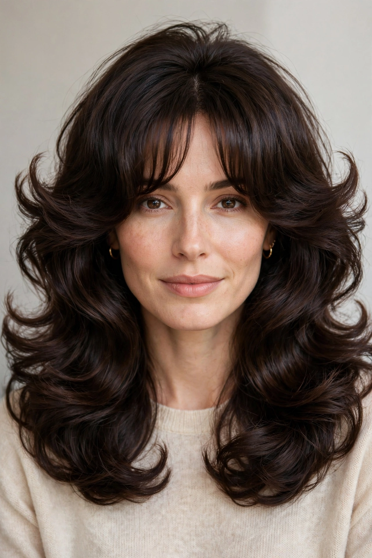 woman with curtain bangs styled into a bouncy blowout, face-framing layers