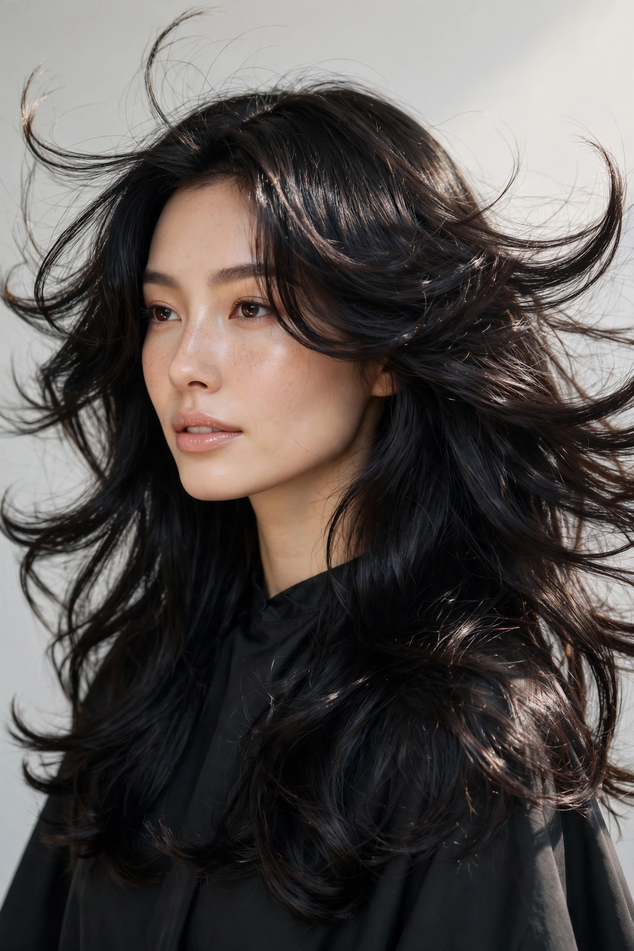 woman with long layered hair in a bouncy blowout, layers flipping out