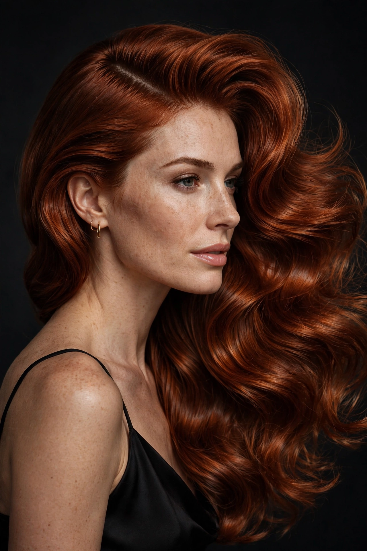 woman with deep side part and bombshell bouncy blowout, dramatic volume