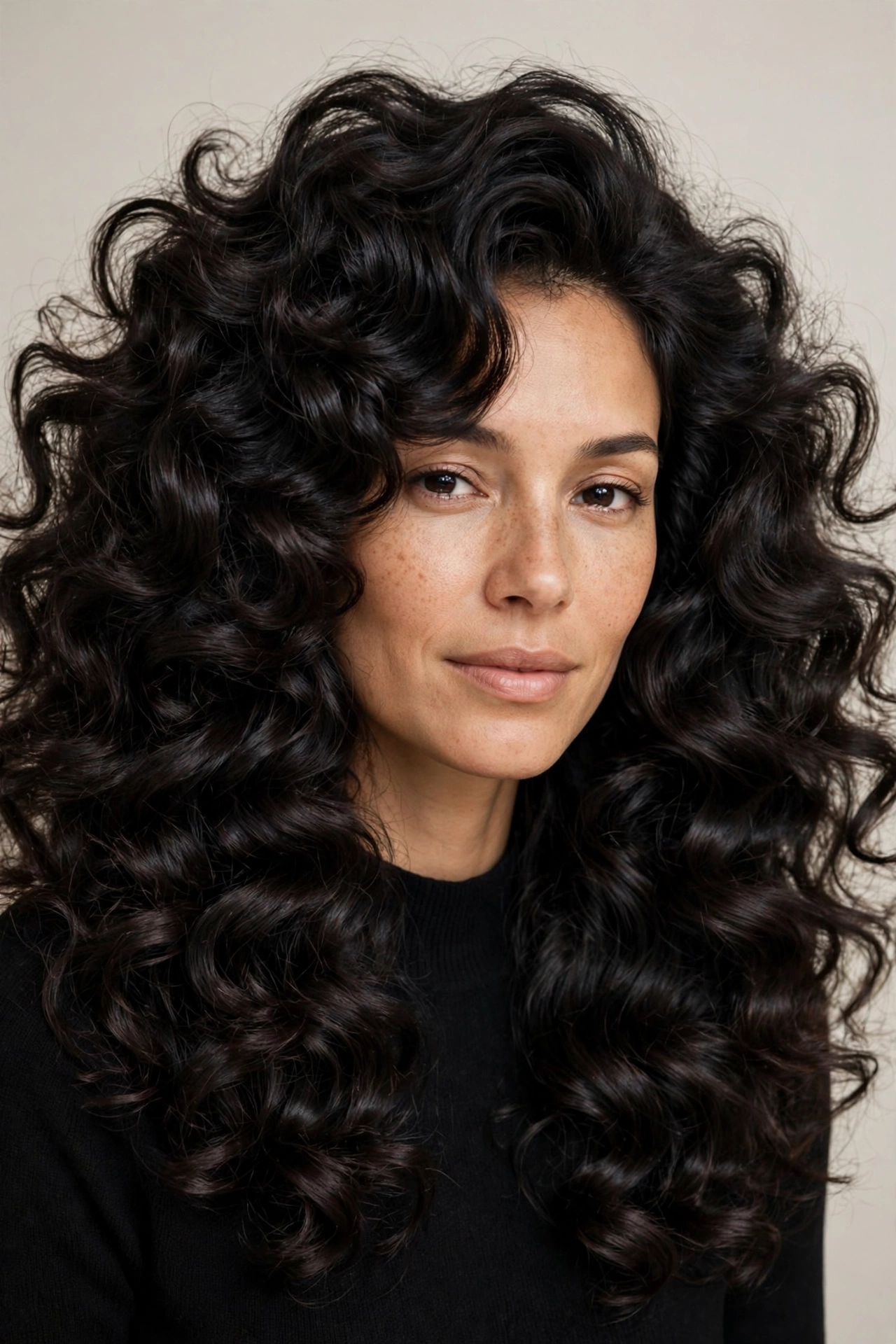woman with curly hair blown out into big soft voluminous curls