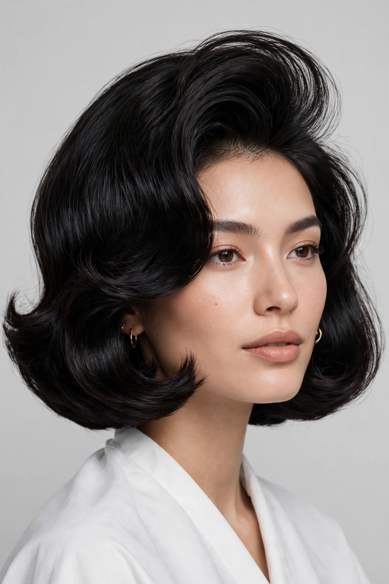 woman with chin-length bob in a bouncy blowout, flipped ends