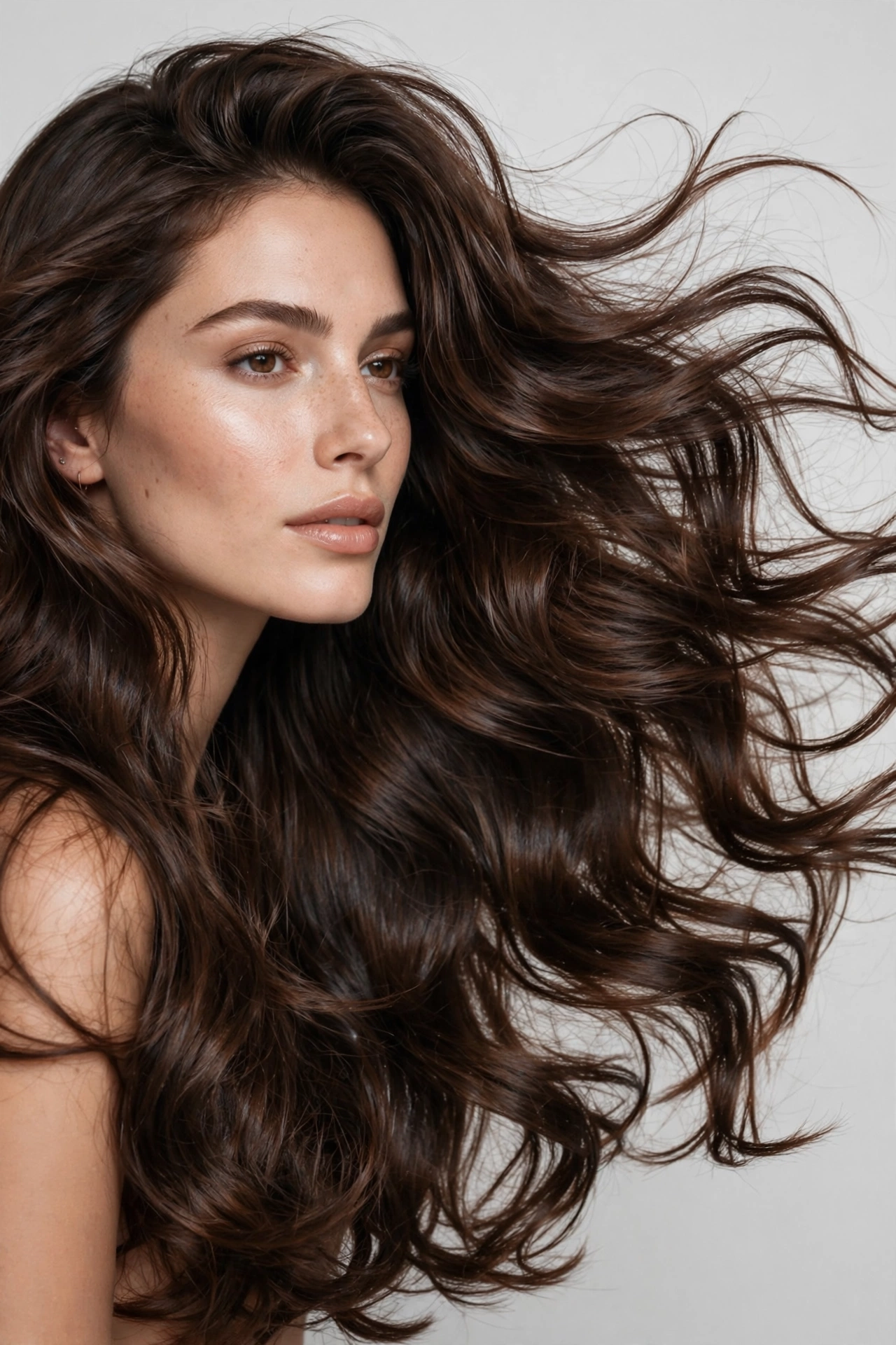 woman with very long hair in a voluminous bouncy blowout, flowing layers