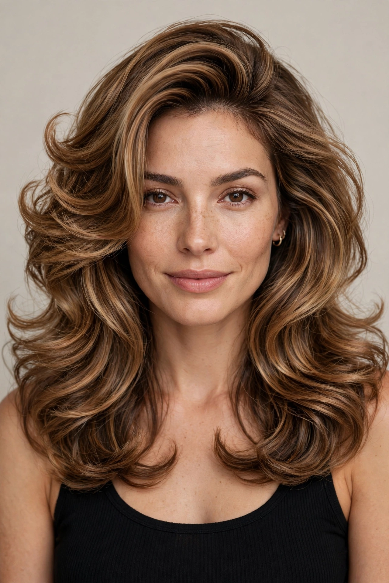 woman with face-framing layers in a bouncy blowout, soft pieces around face