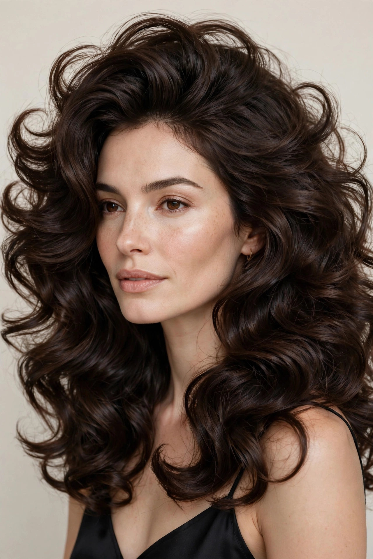 woman with soft defined curls in a bouncy blowout, romantic volume