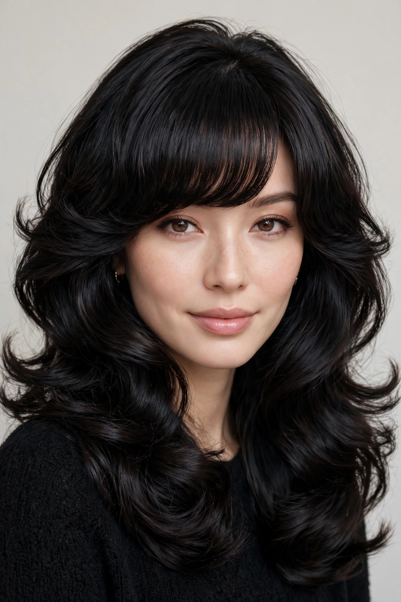 woman with full bangs styled into a bouncy blowout, smooth fringe