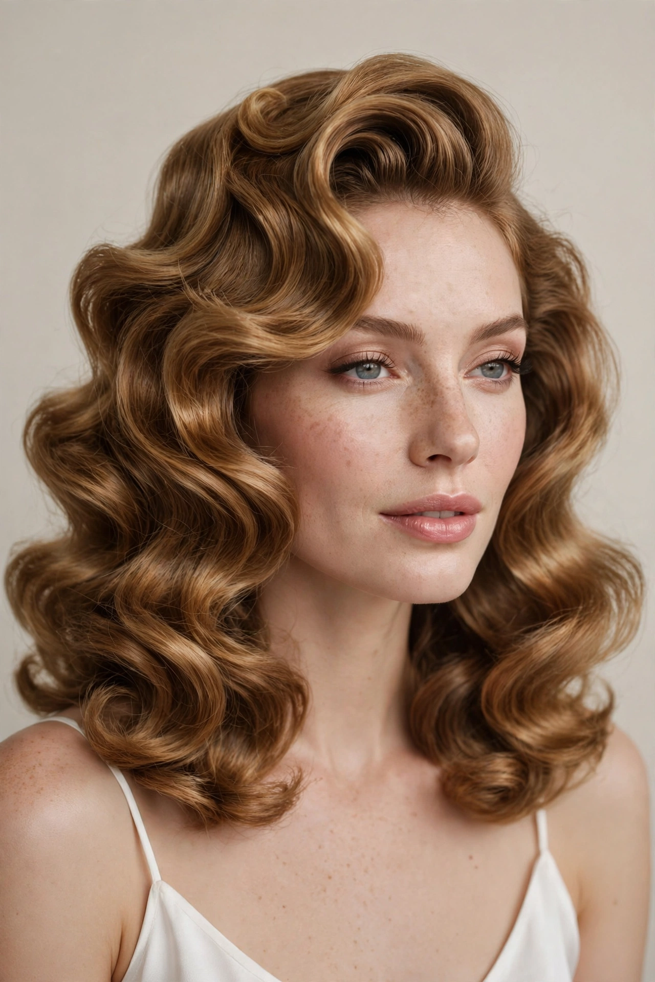woman with roller-set inspired bouncy blowout, vintage glamour volume