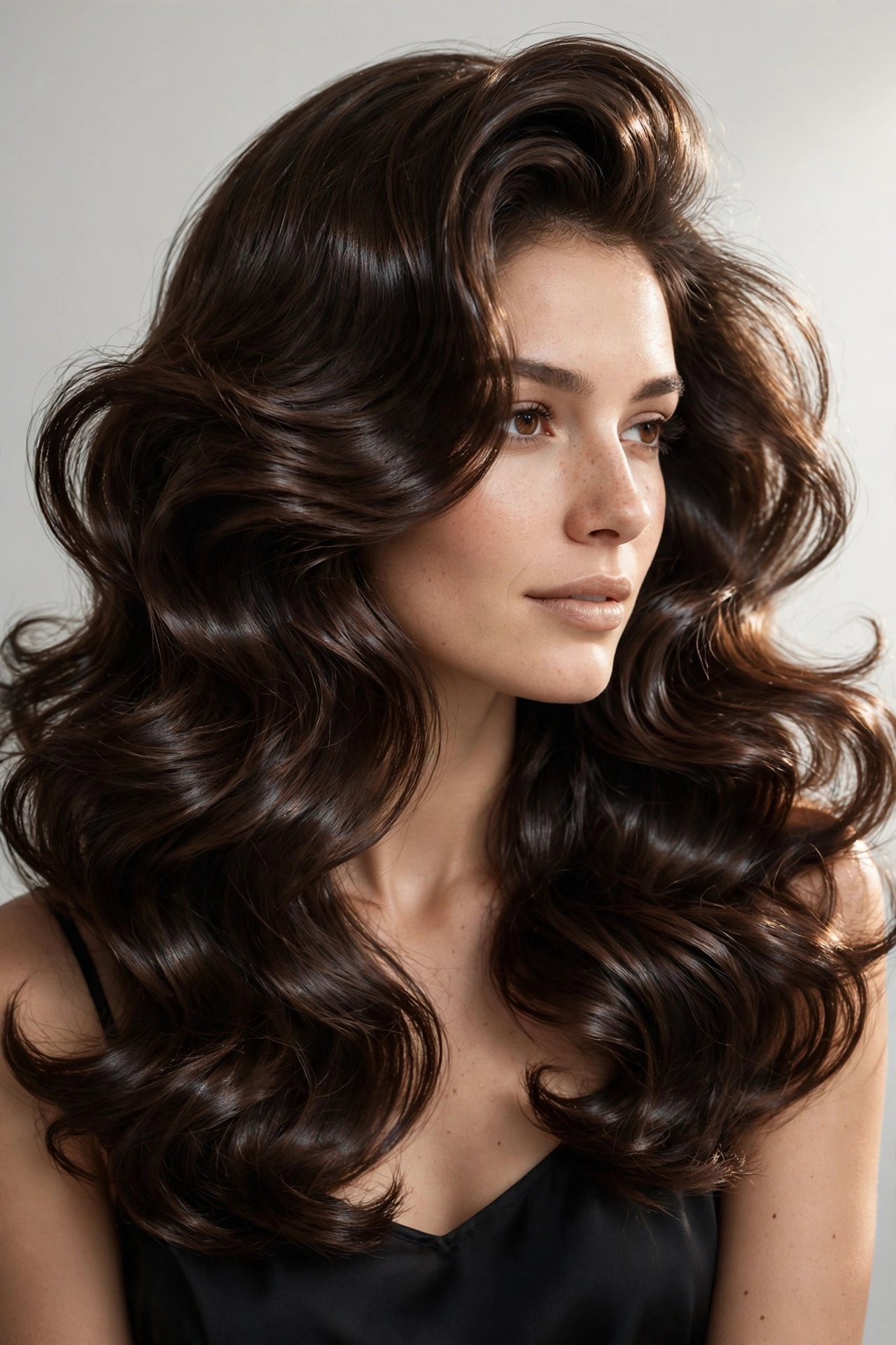 brunette woman with glossy bouncy blowout, rich shine