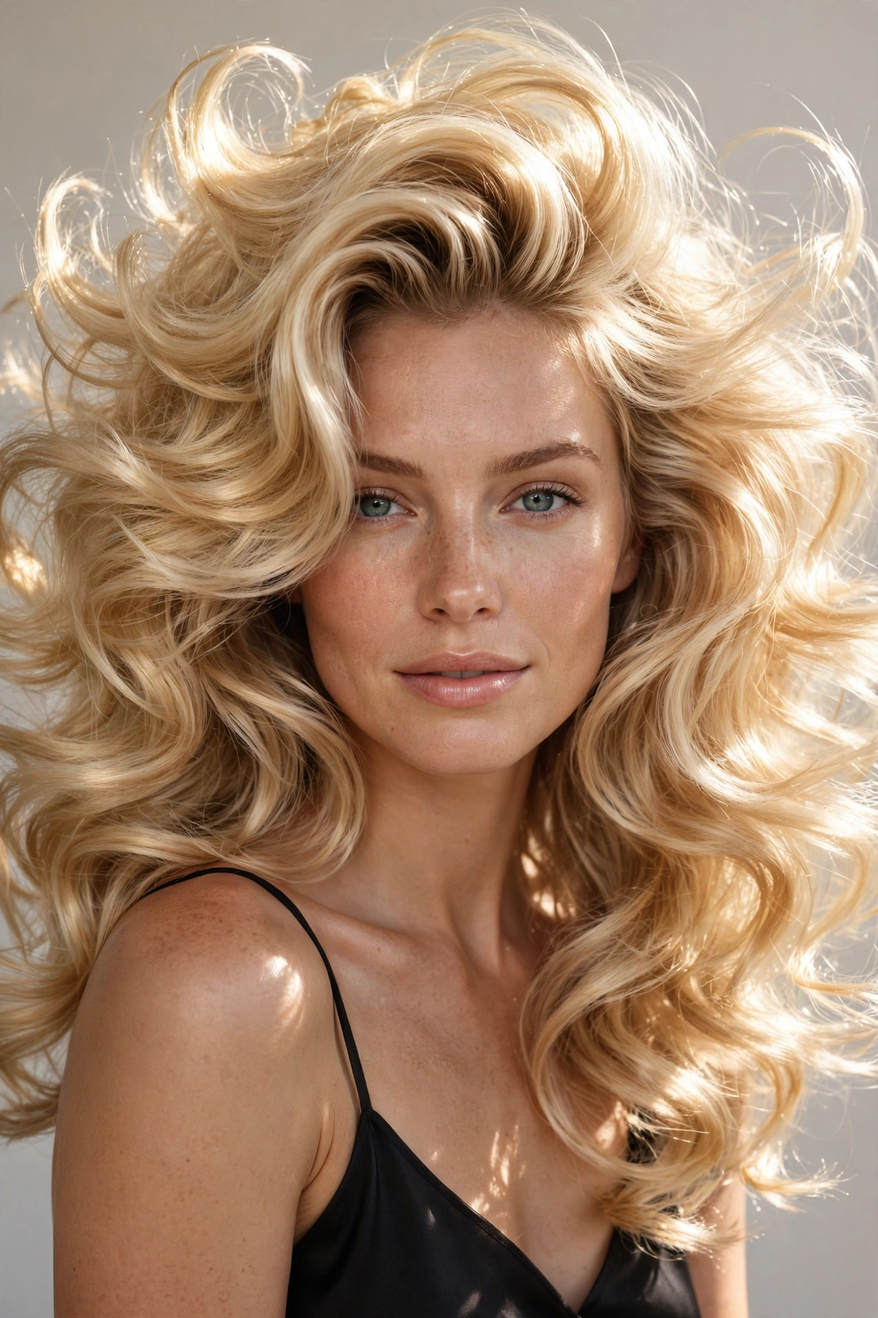 blonde woman with bombshell bouncy blowout, bright voluminous waves