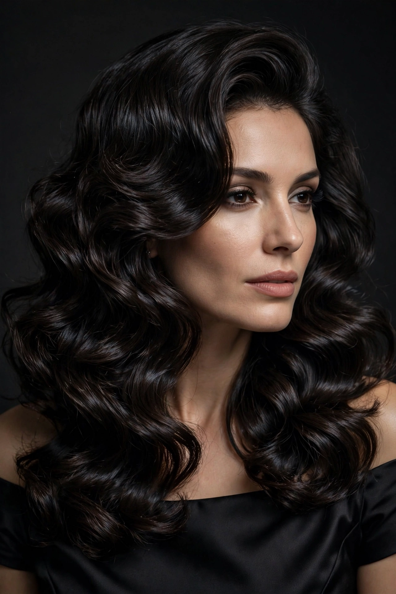 woman with glamorous red-carpet bouncy blowout, elegant evening style