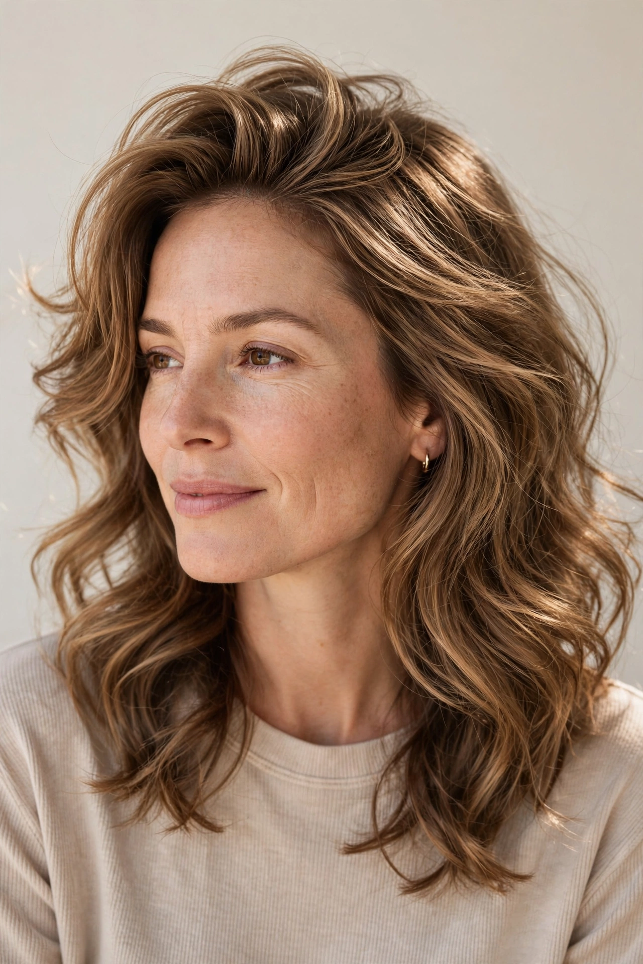 woman with natural-looking bouncy blowout, effortless air-dried volume