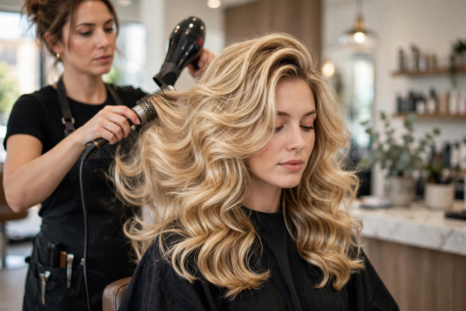 salon stylist finishing a bouncy blowout on a client, 2026 styling scene