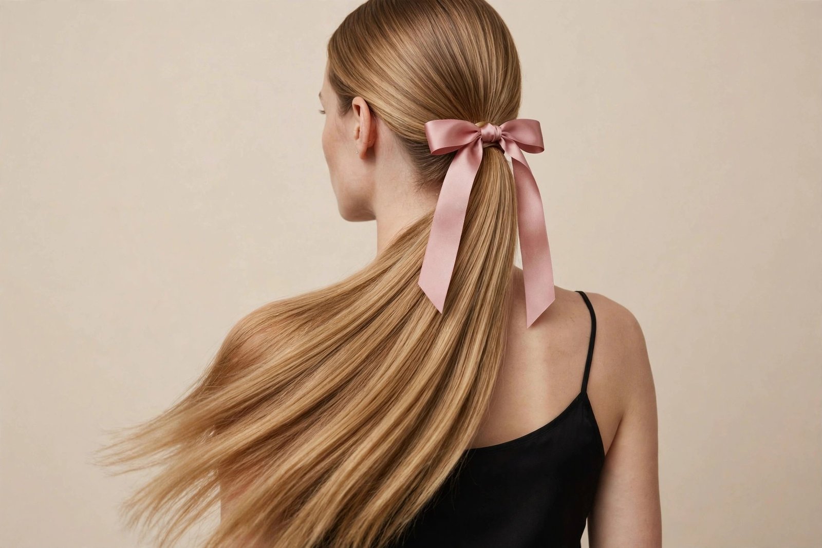 Classic coquette bow ponytail with satin ribbon bow tied at the base
