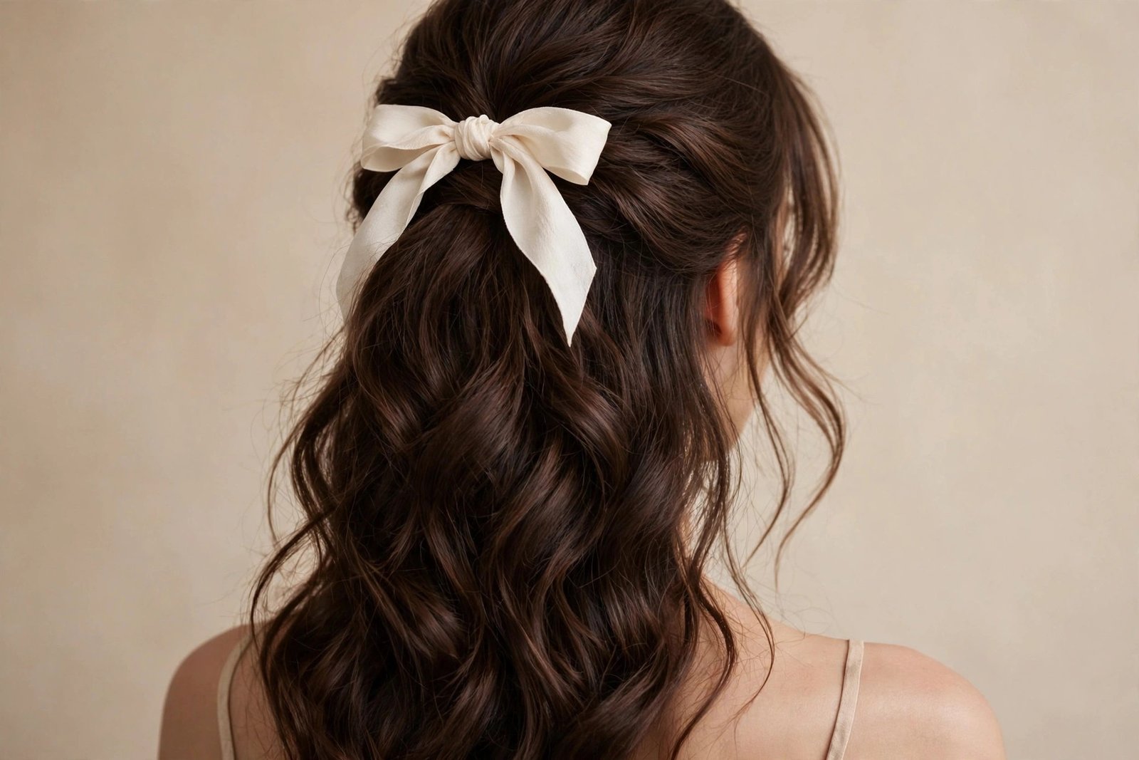 Half-up bow hairstyle with loose romantic waves and silk ribbon