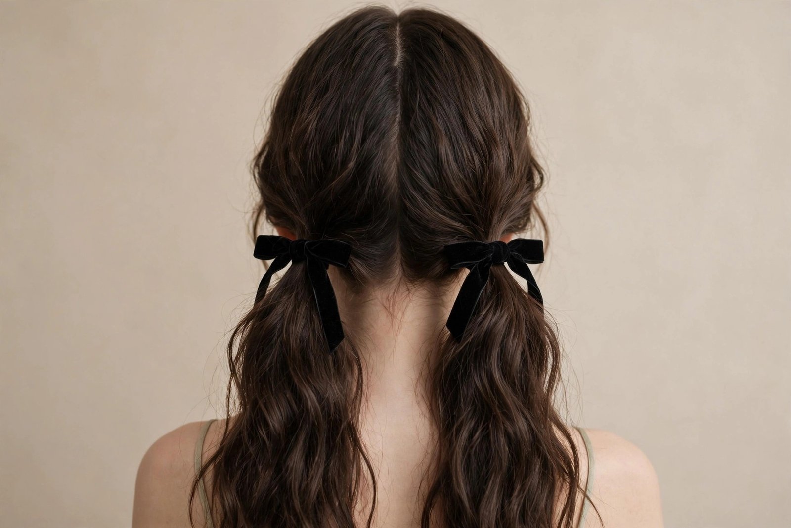 Double ribbon pigtails with matching bows on wavy hair