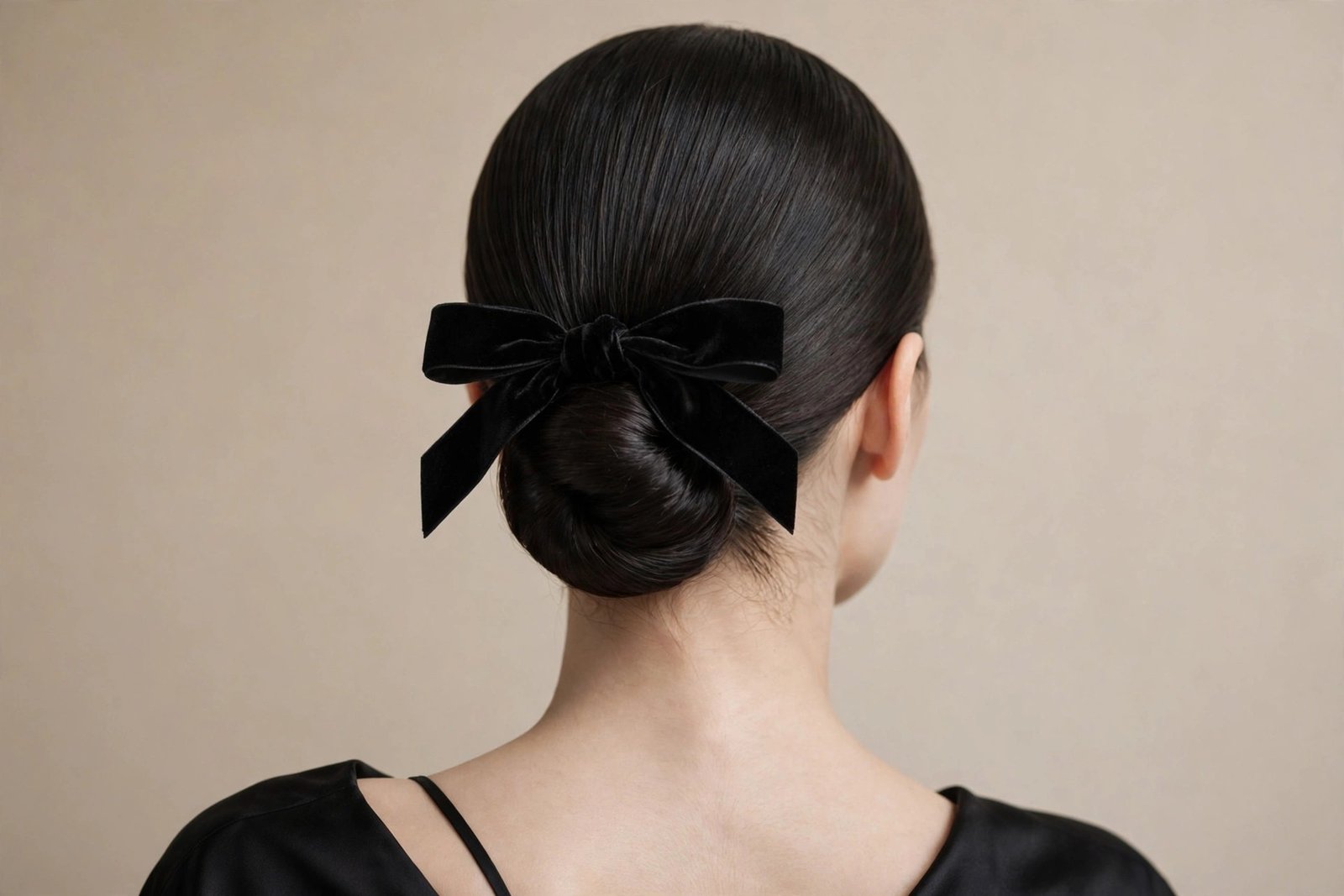 Elegant low bow bun with black velvet ribbon at the nape