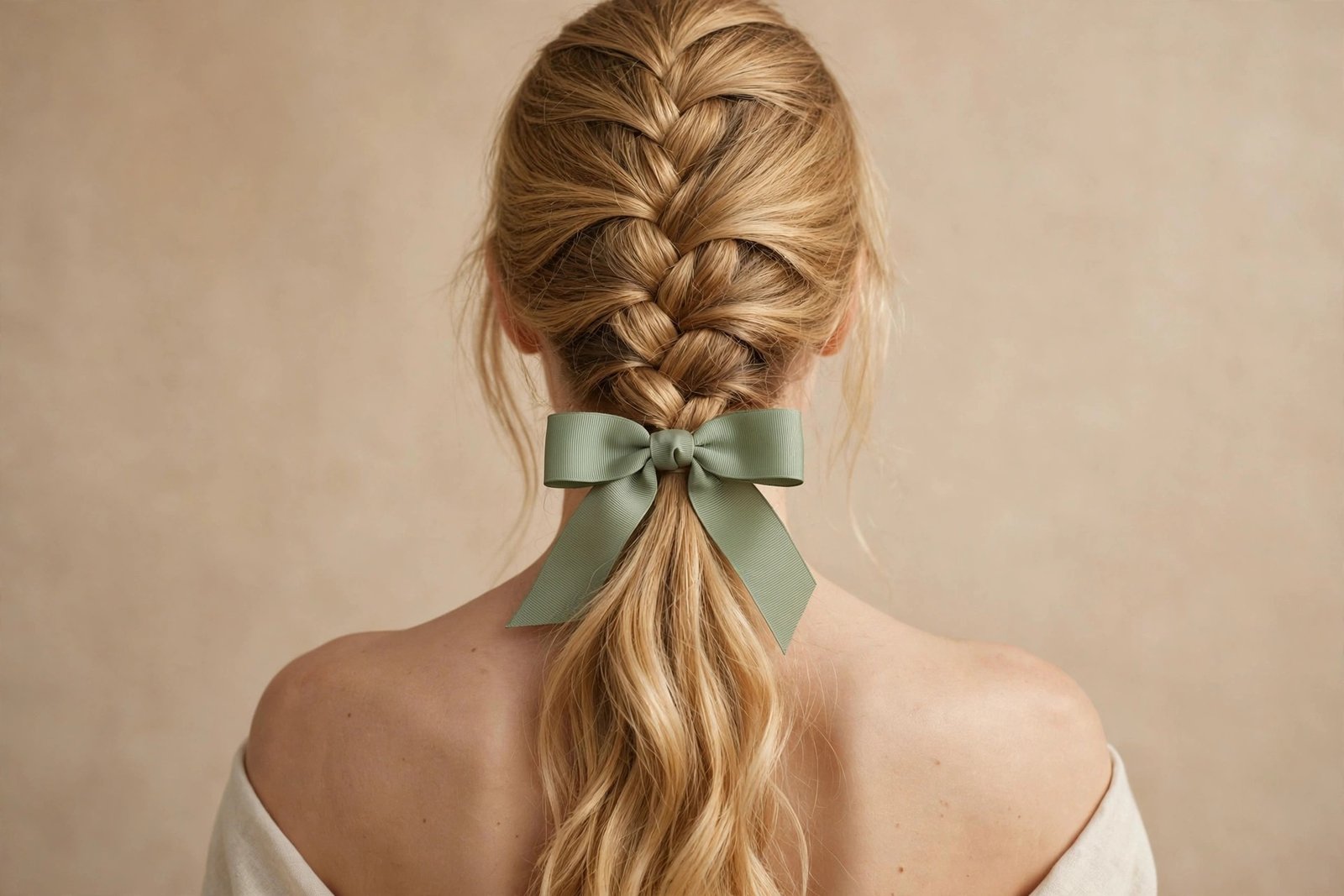 French braid flowing into ponytail with ribbon bow at the transition