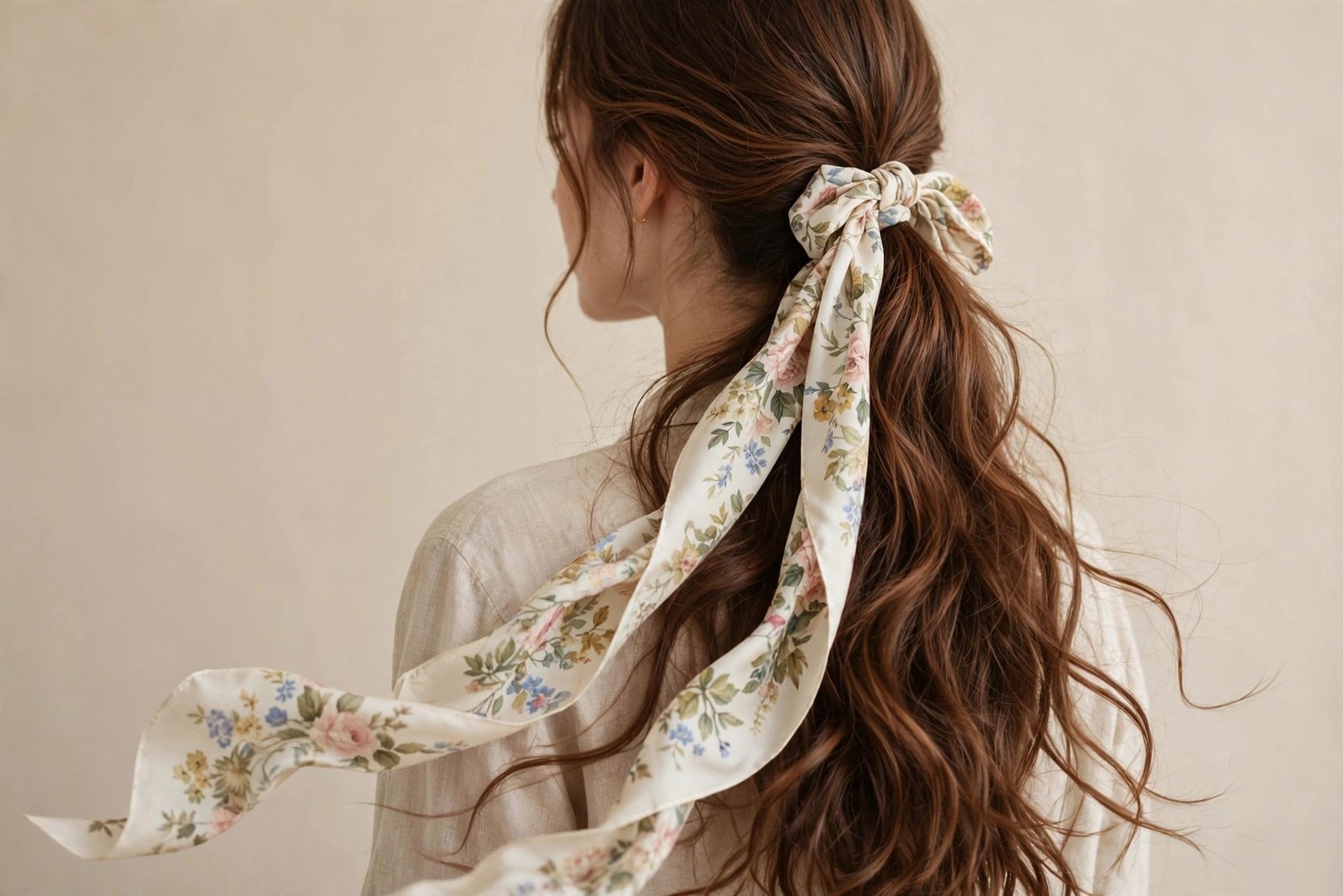Silk scarf tied in a bow around a low ponytail with flowing printed tails