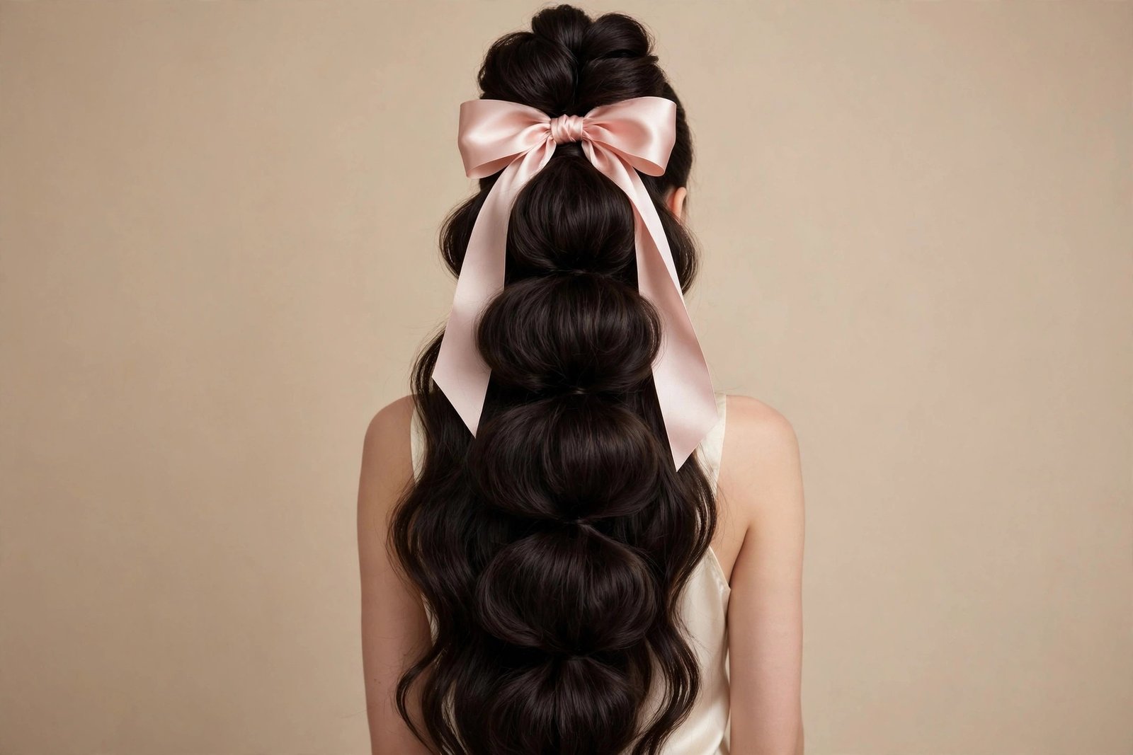 Bubble braid ponytail with large bow at the base and voluminous puffs