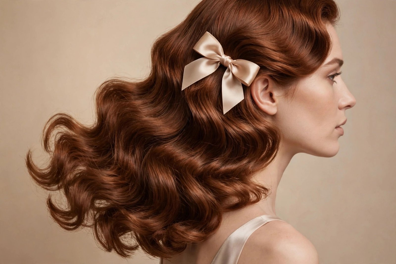 Romantic side bow placed above the ear on soft wavy side-swept hair