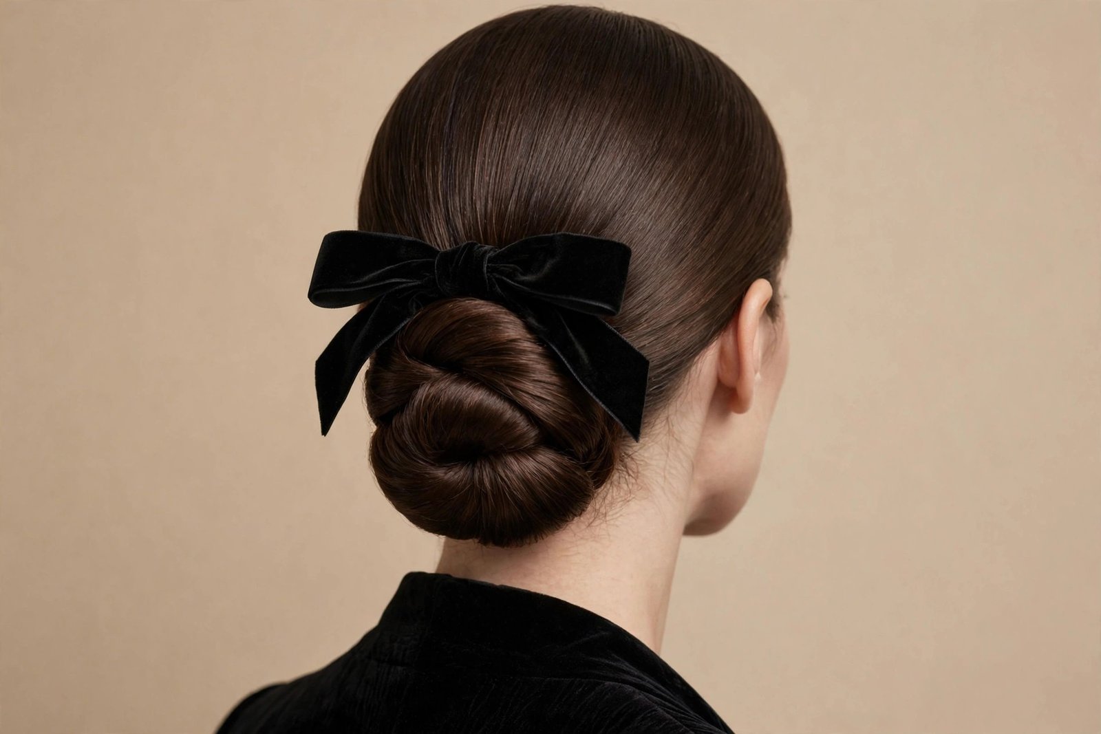 Classic velvet bow chignon elegant formal updo at the nape