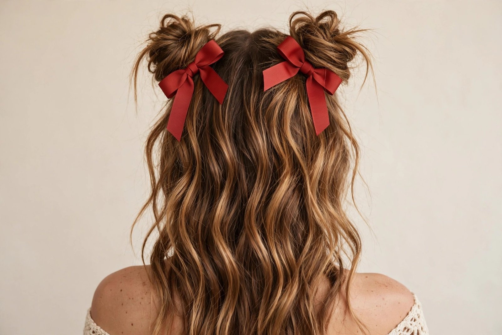 Playful space buns each finished with a matching ribbon bow