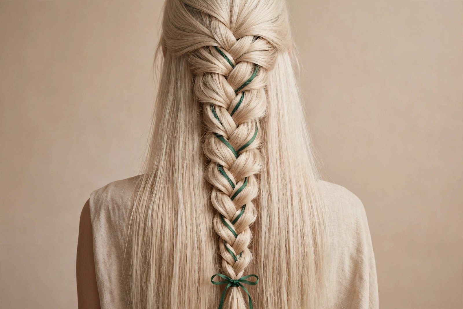 French braid with ribbon woven through finished with a bow at the end