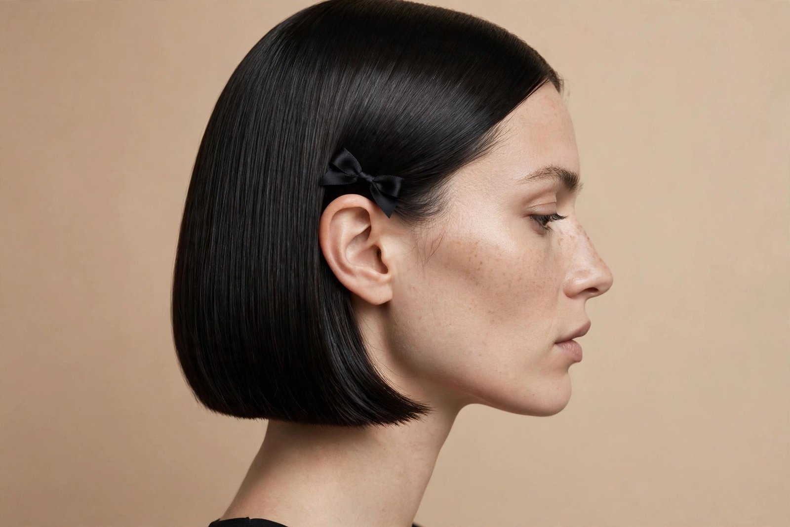 Sleek glass hair bob with small black bow clipped above the ear
