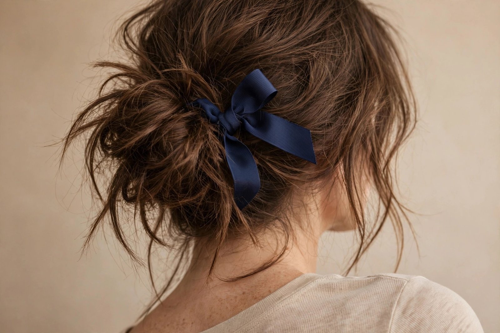 Casual messy bun finished with a ribbon bow at its base