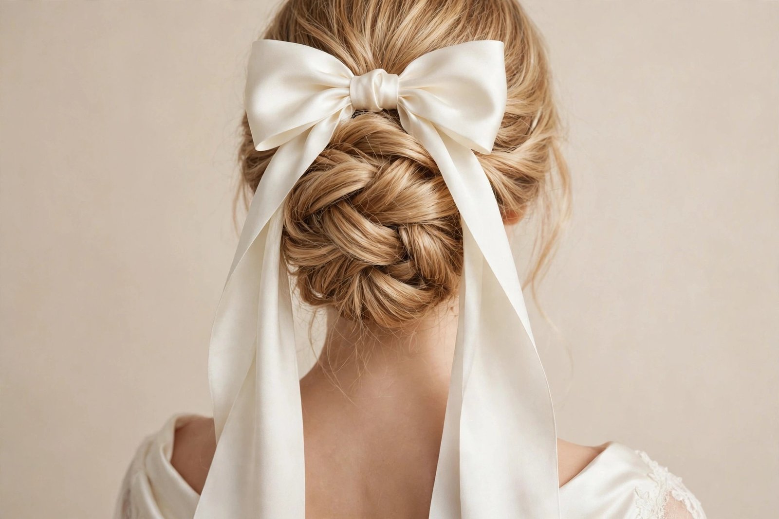 Bridal updo finished with an elegant ivory silk bow with flowing tails