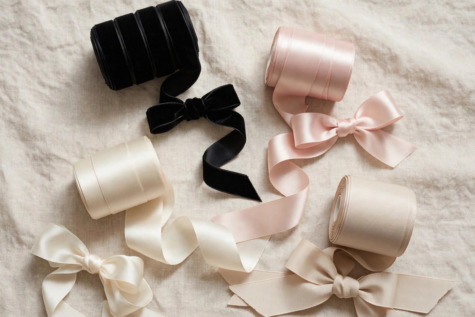 Collection of silk velvet and satin ribbons in various colors for bow hairstyles