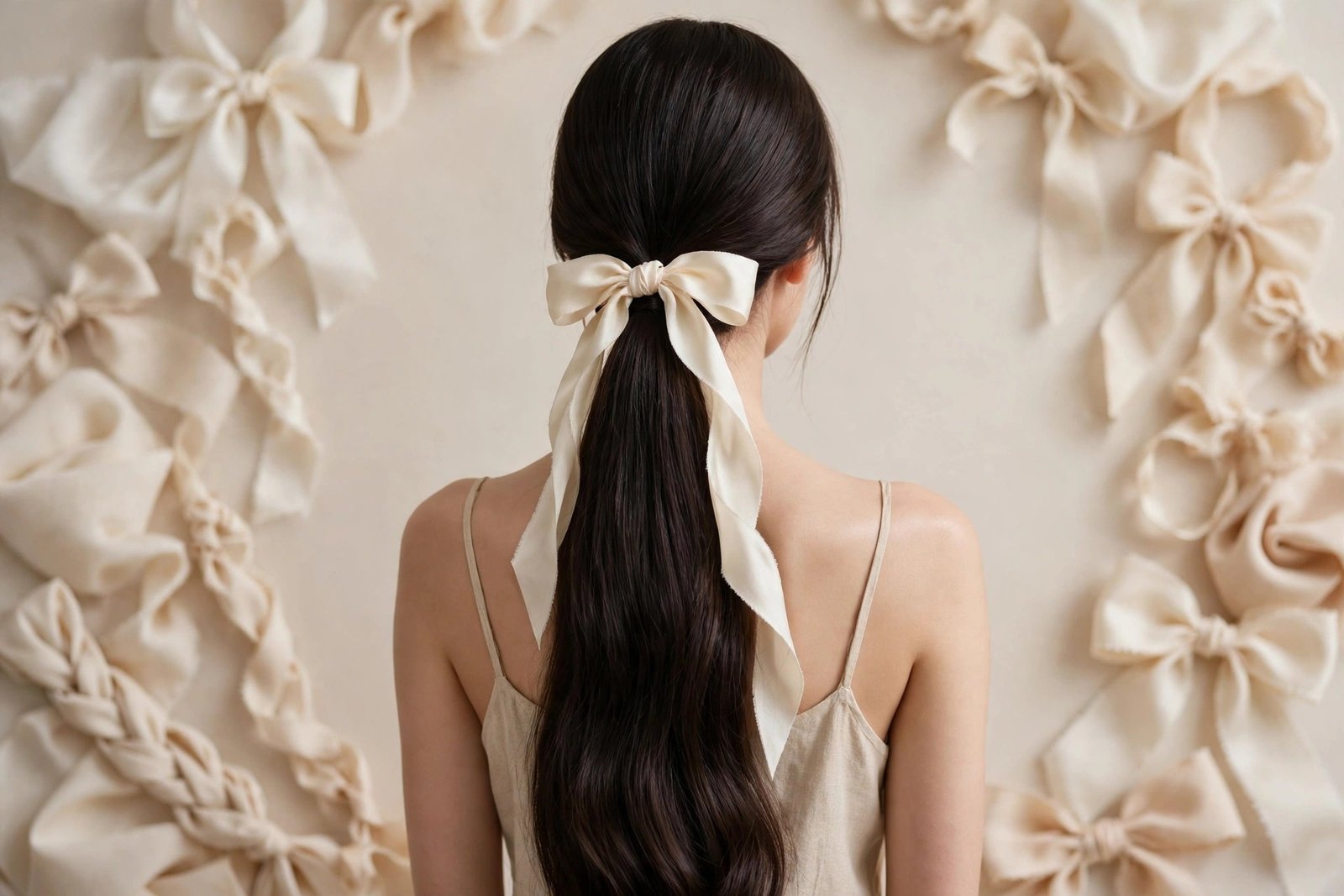 Collage-style overview of bow hairstyles showing ribbon ponytails buns and braids
