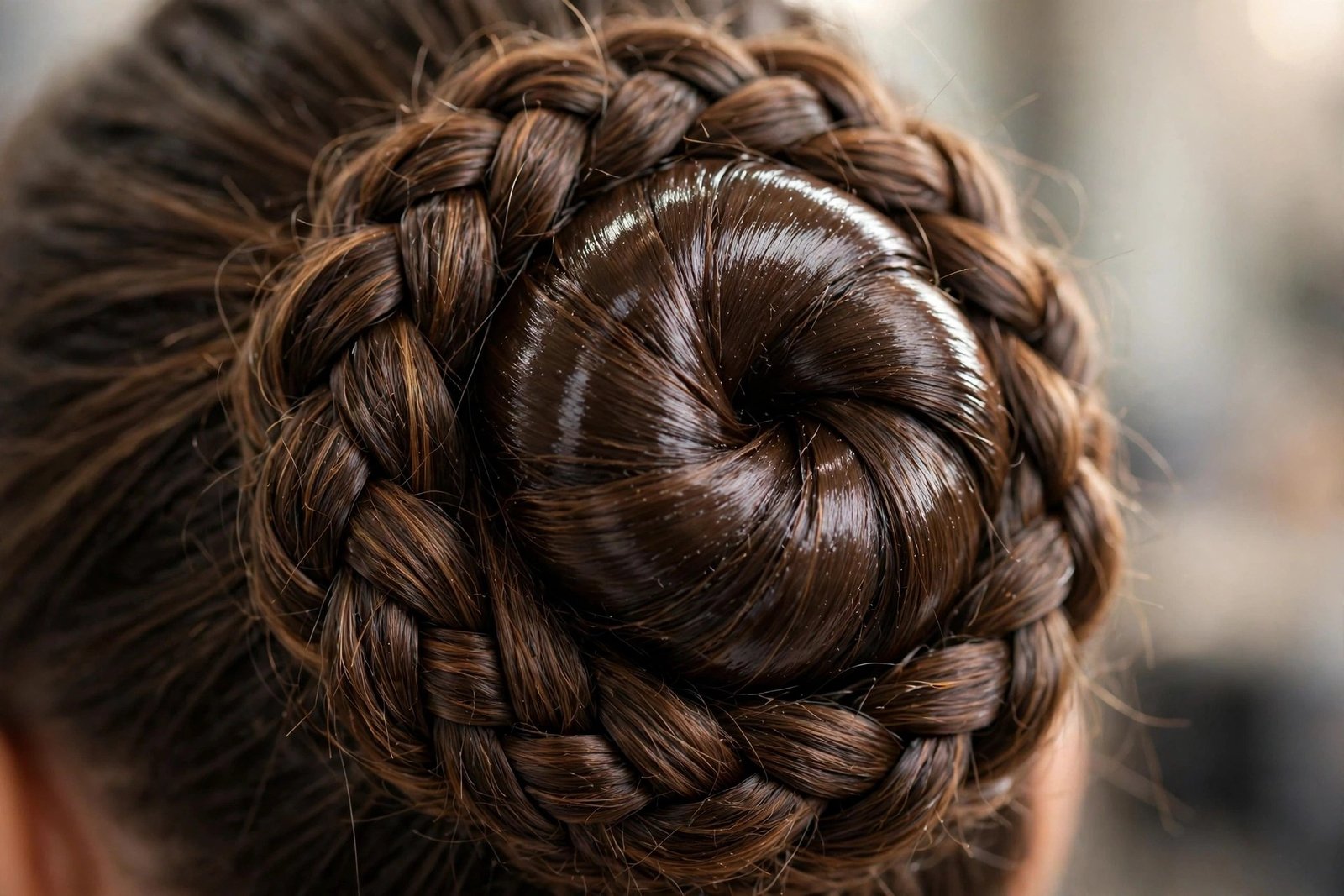 Close-up detail of a sculpted braided bun showing tight braid pattern woven around a polished bun, premium salon photogr