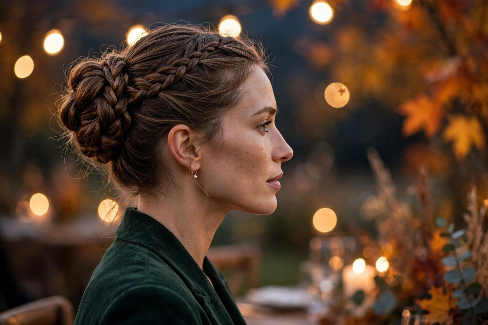 Woman with an elegant braided bun at an evening event, side view, fall atmosphere, premium editorial photography, hair a