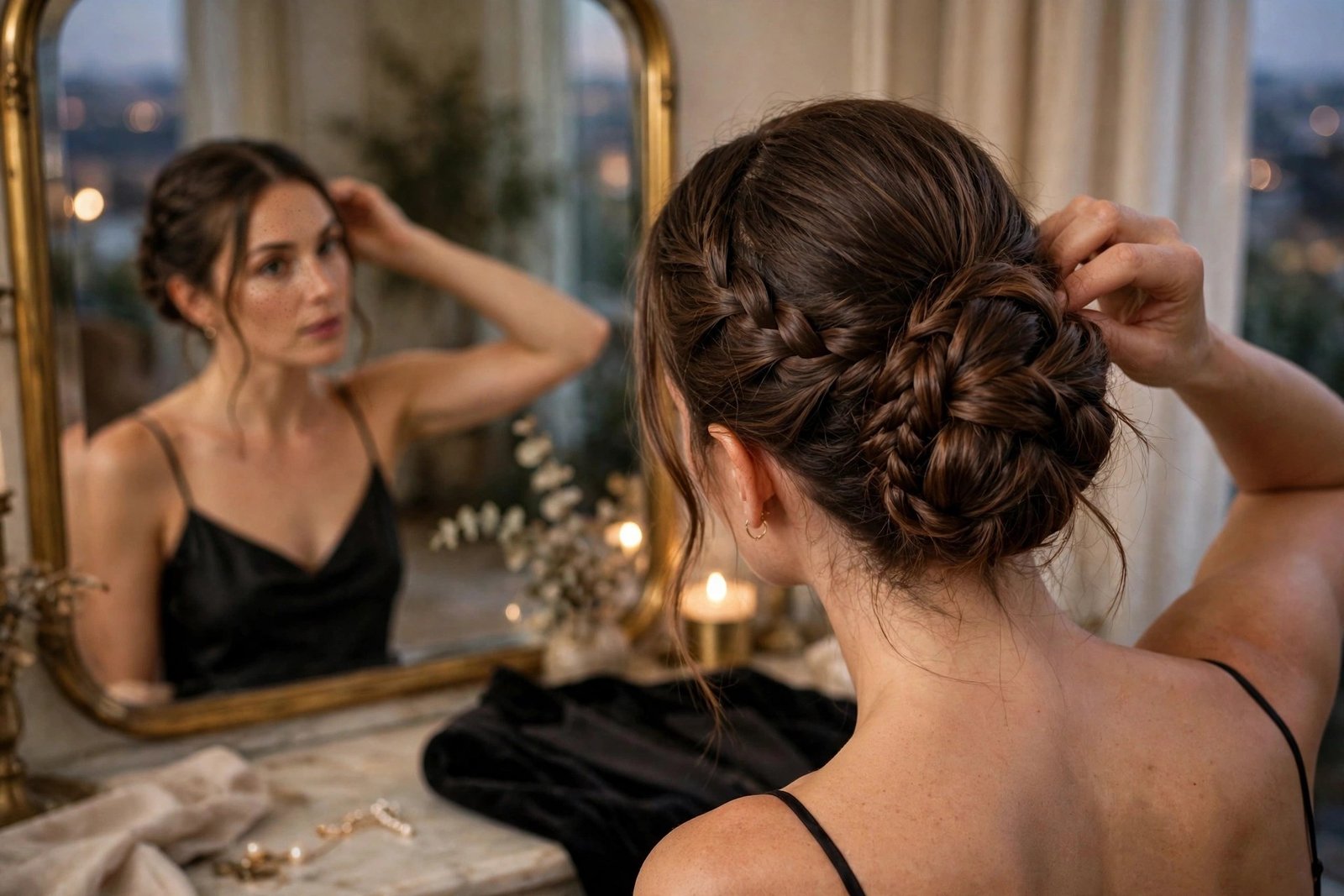 Woman checking her braided bun in a mirror before an evening event, FAQ lifestyle photography