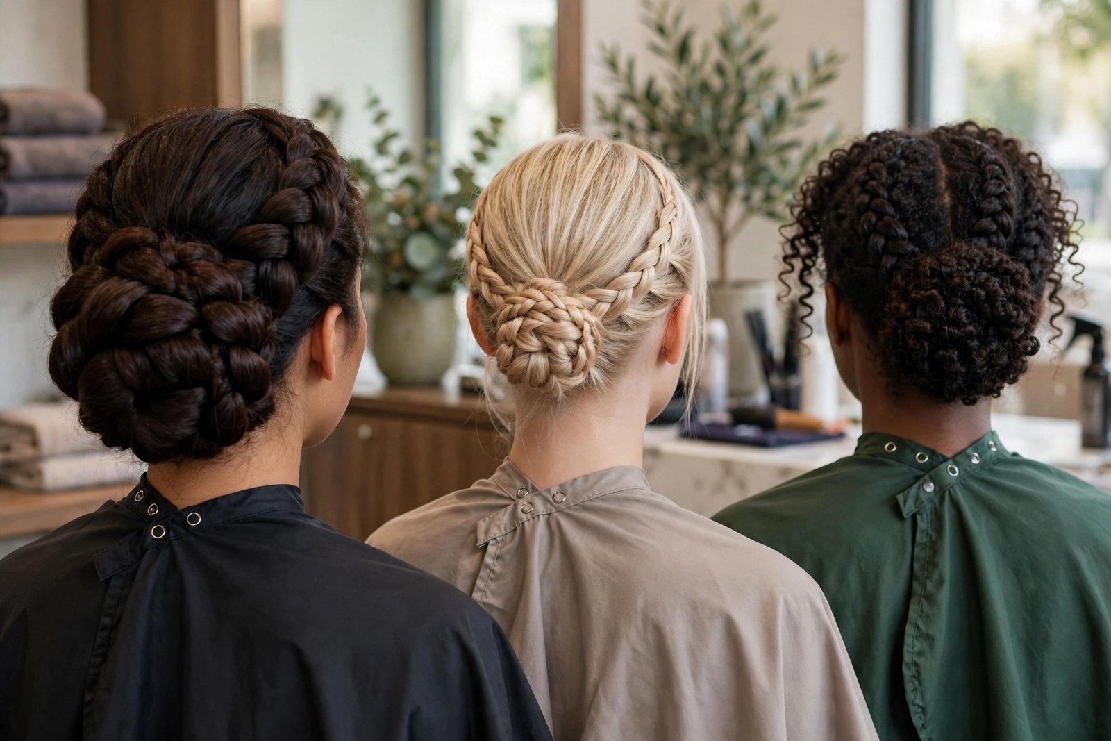 Braided buns on different hair types - thick, fine, curly, with extensions - diverse salon photography, hair as the hero