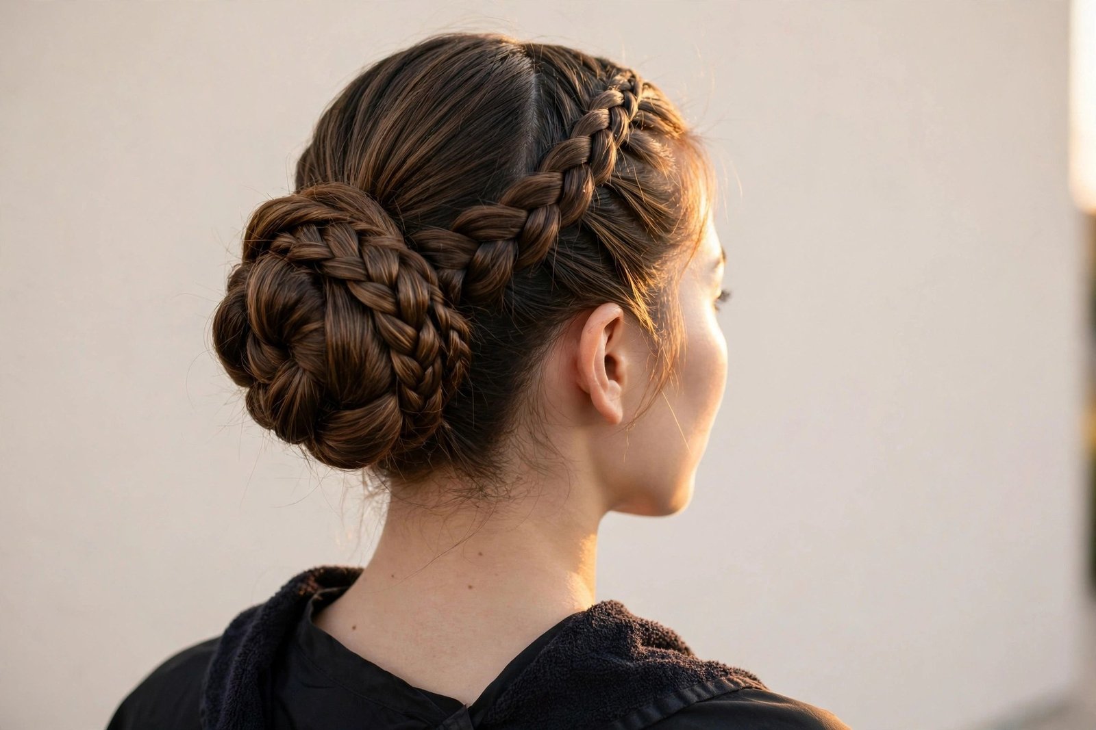 Hero shot of a woman with a sculpted braided bun updo, back three-quarter view, braids woven around a polished bun, soft