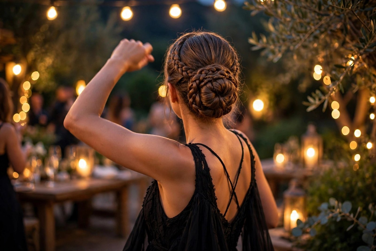 Woman's braided bun holding perfectly at an evening event, dancing, long-lasting updo photography, hair as the hero